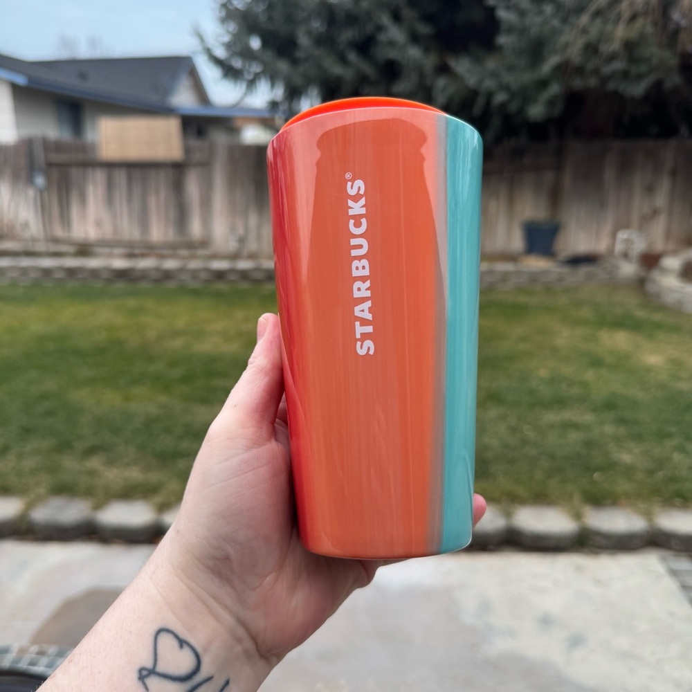 Starbucks Watercolor Tropical Sunset Ombre Ceramic Tumbler Cup 12 oz Orange Teal